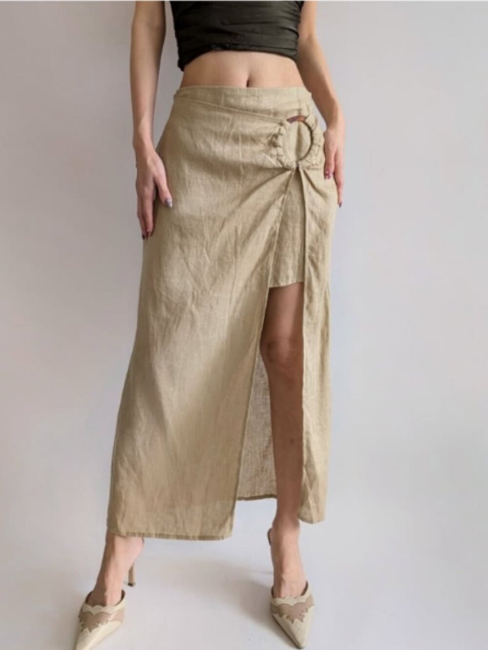 Zara 100% Linen Wrap Skirt with Ring Detail Size Medium NWT
